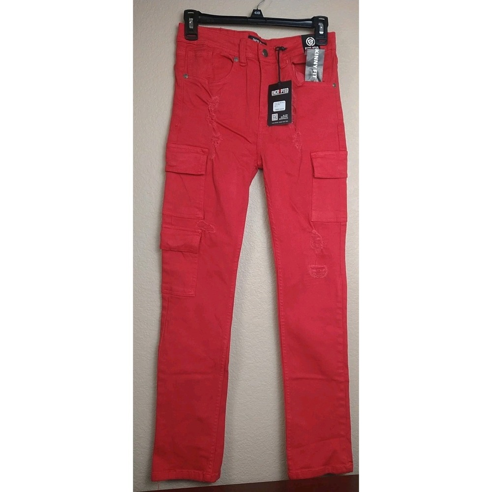 Encrypted Boys Jeans Size 16 Red Denim Cargo Pockets Distressed Pants